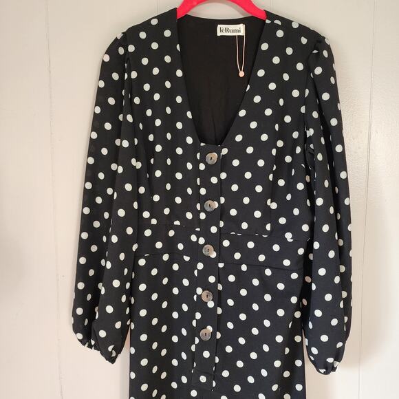 LeRumi Polka Dot Classic Black White Wide Leg Button Up V Neck Jumpsuit S - Picture 2 of 13